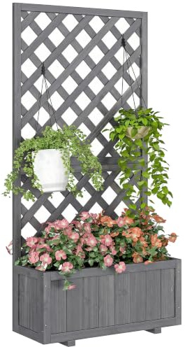 Outsunny 45L Garden Planter with Trellis, Grey | Raised Bed for Climbing Plants, Vines, Flowers, Outdoor Planter Box for Patio