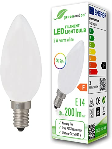 greenandco® CRI90+ Glühfaden LED Lampe | matt | ersetzt 20 Watt E14 Kerze | 2W 200 Lumen | 2700K warmweiß | Filament Fadenlampe | 360° 230V AC | nicht dimmbar | flimmerfrei | 2 Jahre Garantie