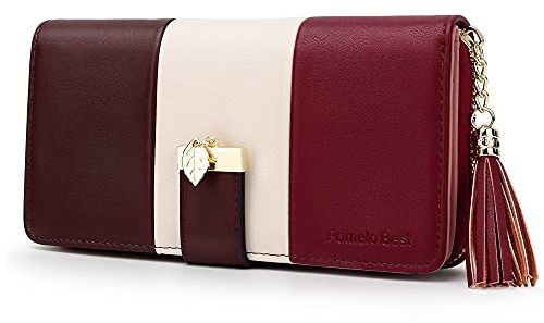Pomelo Best Portefeuille Femme Cuir Porte Monnaie Porte-chéquiers Porte-Cartes pour 12 Cartes, Classique (Rayé, Rouge Bourguignon)