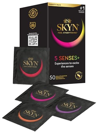 SKYN 5-Senses Kondome (50 Stück), SKYNFEEL Latexfreie Kondome für Männer | Mit Noppen und Geschmack, Gefühlsecht Hauchzart, Wellentextur, Daiquiri-Aroma, Wärmendem Gel, Kühlendem Mentholgel