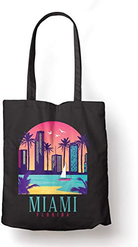 BLAK TEE Miami Florida Skyline Organic Cotton Reusable Shopping Bag Black