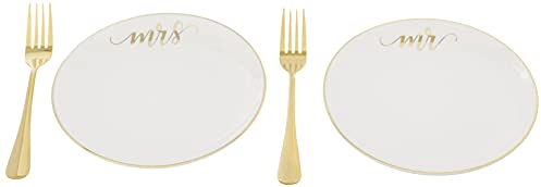 Lillian Rose PL102 Mrs Plates with 2 Forks Wedding Cake Ceremony Alternative Set, Stainless Steel, Gold