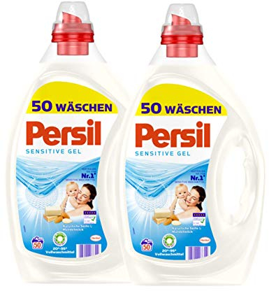 Persil Sensitive Gel, 100 (2 x 50 Waschladungen), ECARF-zertifiziertes Sensitive Waschmittel für Allergiker und sensible Haut, duftet nach Aloe Vera & natürlicher Seife, 20 °C - 95 °C