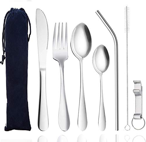 Camping Besteck Outdoor Besteck Set Hochwertiges Grillbesteck Reisebesteck aus Edelstahl für Wandern, Reisen, Picknick, Büro, Schule, 7 Stück (Größer als jene)