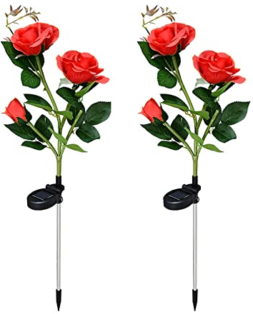 XVZ Solarleuchten Garten Deko, 2 Stück LED Rose Lampe mit größerer Blume und Breiterem Wasserdichte Solarpanel, Solar Blumen Gartenleuchte für Rasen Terrasse Weg Balkon Deko - Rot