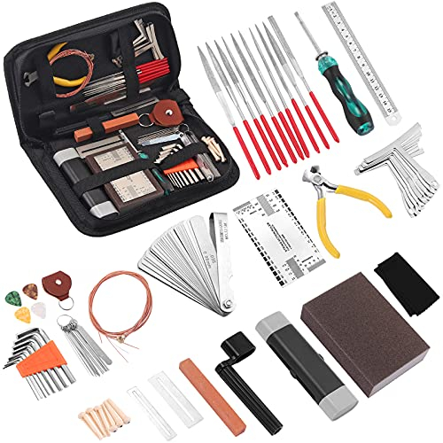 Kamtop Kit Entretien Guitare 52pcs Entretien Guitare Trousse Kit d'Outils d'Entretien de Réparation de Guitare avec Sac de Transport pour Guitare Acoustique Guitare Électrique Ukulélé Basse Banjo