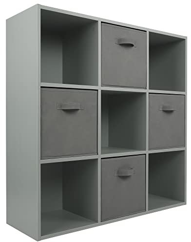 Charles Jacobs Grey 9 Cube Storage Shelving Unit + 4 Grey Fabric Drawers
