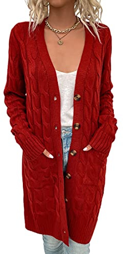 Avondii Damen Langarm Strickjacke mit Knöpfen Lang Strickjacke Oversize Grobstrickjacke (M, Rot)
