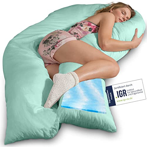 Traumreiter Visco XXL Seitenschläferkissen mit Bezug Mint | Hybrid Kissen + 1cm Memory Foam I U förmiges Schwangerschaftskissen Gel Body Pillow I Lagerungskissen Ergonomie Zertifiziert