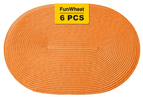 FunWheat Ovale geflochtene Tischsets Set mit 6 Tischsets für Esstische, gewebt, waschbar, rutschfest, glänzend, 38,1 cm, Tischsets (oval orange, 6 Stück)