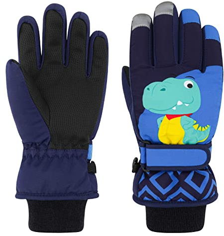 QKURT Guantes de Esquí para Niños, Guantes de Nieve Impermeables para Invierno, Manoplas de Esquí de Dinosaurio, Manoplas de Patinaje para Niños en Trineo Snowboard para Niñas de 2 a 13 Años