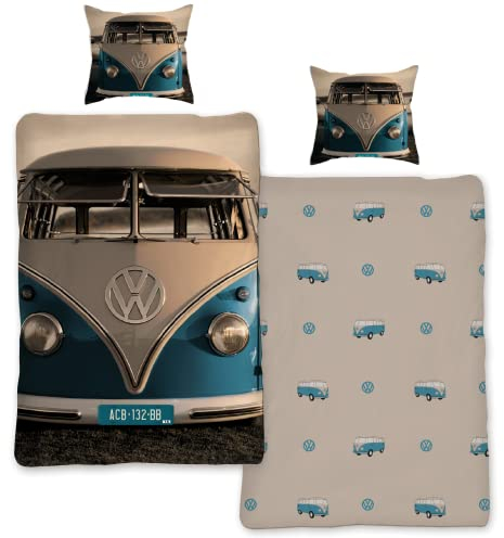 Bettwäsche VW Bulli 135x200 cm 80x80 Kissenbezug Baumwolle [Mit Reißverschluss] Bus VW Bulli Bettwäsche-Set | VW Geschenke für Männer| Öko-Tex Standard 100 | Deutsche Standardgröße
