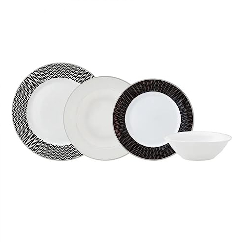 Karaca Newbangalore Porcelain Dinner Set for 6 People - 24-Piece Crockery Set with Plates and Bowls Set, Round Dinnerware Set & Black WhiteDinner Set