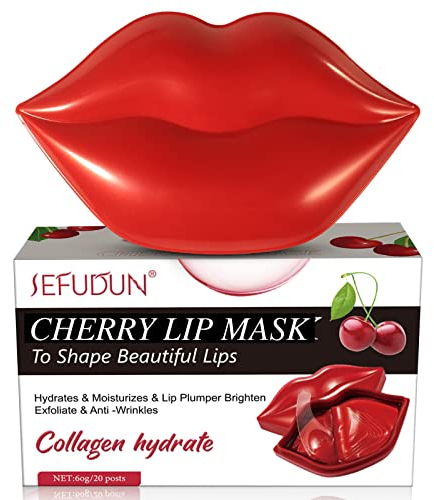 Lip Mask, 20 Pcs Colágeno Mascarilla Labios, Lip Sleeping Mask, Almohadillas Labiales Hidratantes, Mascarilla Labial Para el Cuidado de Los Labios, Adecuado Para Labios Secos y Agrietados (Cereza)
