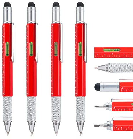 4 Stücke Multitool Pen Stift mit Extra Nachfüll, 6-in-1 Werkzeug mit Lineal & Touchscreen Eingabestift, Multifunktionale Metall Kugelschreiber, Cool Gadget für Männer, Geschenk für Vater Freund (Rot)