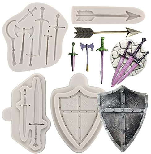 Sijiangmold Sword Silikon-Fondant-Form, Schild, Axt, Kampf, Schokoladenformen für Cupcake-Topper, Kuchendekoration, Süßigkeiten, Gummipaste, Polymerton, 3 Stück