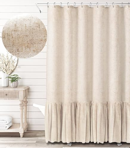 Awellife Linen Farmhouse Duschvorhang mit Rüschen, Duschvorhang für Badezimmer, Beige, Natur, 183 x 183 cm, 12 Haken