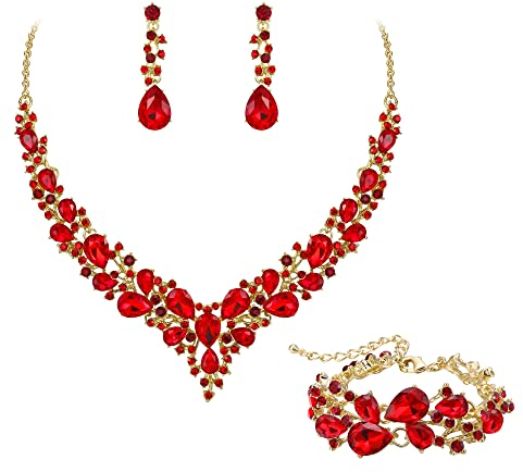 EVER FAITH Statement Halskette Ohrringe und Armband Set für Damen österreichische Kristall Tropfen Cluster Schmuckset Rot Gold-Ton