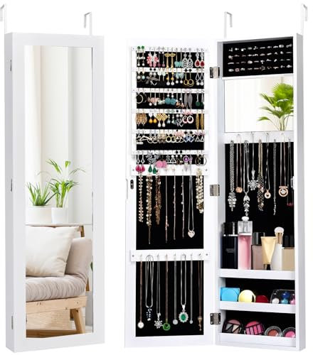 GOPLUS Armoire à Bijoux avec Miroir, Meuble à Bijoux Mural/Suspendu, avec Grand Espace de Rangement, Miroir Pleine Longueur, Miroir de Maquillage Intégré, Montage Mural/Accrocher à la Porte (Blanc)