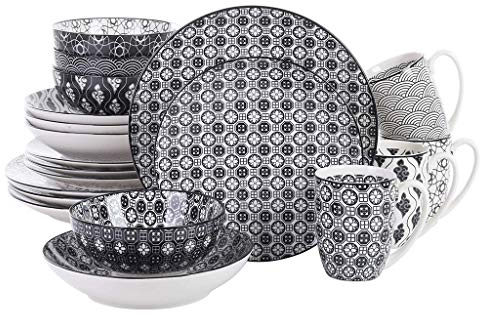 Juego de platos llanos Juego de vajilla de porcelana de 20 piezas con 4 platos llanos, platos hondos, platos de postre, cuencos y tazas