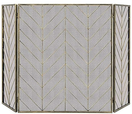 TANGZON 3 Panel Folding Fireplace Screen, Wrought Metal Mesh Spark Flame Guard with Decorative Pattern, Indoor Outdoor Heavy-Duty Safety Fire Guard Fireplace Fence for Coal Firing Stove Grill (Bronze)