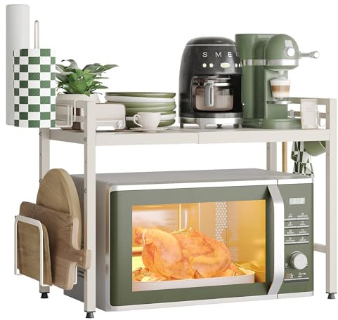 NETEL Soporte para Microondas de 2 Niveles，Organizador de Cocina Multifuncional Completo con Soporte para Toallas de Papel y Soporte para Tabla de Cortar，Blanco, Extensible de 40 a 60 cm