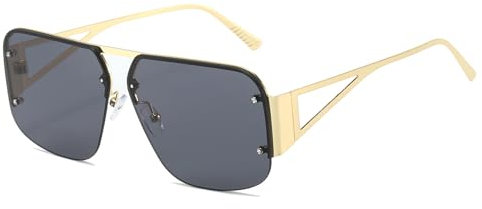 YUELUQU Retro Pilotenbrille Herren Damen Metall Halbrahmen Trendy übergroße quadratische Sonnenbrille (Gold/Grau)