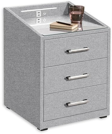 Froschkönig24 Moon Nachttisch Boxspringbett, Lars Silver - Funktionaler Nachtschrank mit USB-Anschluss und LED-Beleuchtung - 47 x 61 x 46 cm (B/H/T)