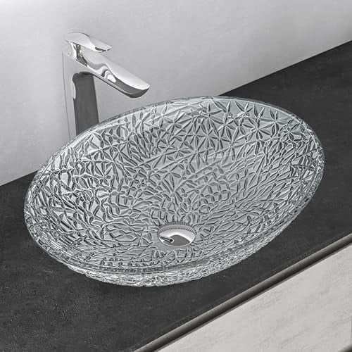 Mai & Mai Lavabo à Poser en Verre Lave-Mains Vasque Ovale à Poser Lavabo Transparent pour Salle de Bain WC d'Invités 50,5x36x15,5 cm Min05