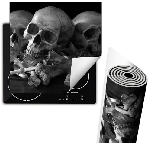 TMK ArtDeko Herdabdeckplatte Einteilig Küche Herdabdeckung Ceranfeld Herdabdeckplatten Anti Rutsch Matte Aufrollbar 60x52 cm, Schwarz Schädel