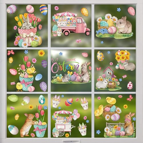 Fensterbilder Ostern Selbstklebend,9 Blätter Bunt Ostern Fenstersticker,Fensteraufkleber Ostern Kinder,Wiederverwendbar Osterdeko Fensterbilder für Glasfenster Tür Frühling Decor