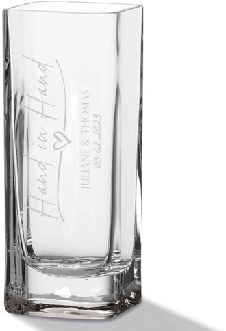 GRAVURZEILE Blumenvase mit Gravur - Hand in Hand - Personalisiert mit Namen und Datum - Moderne Vase aus Glas für Blumen - Geschenke für Frauen - Deko Geschenkidee zum Geburtstag - 20x8cm