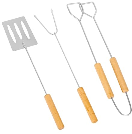 iTrend BBQ Tools Set - 3 Piece Barbecue Grill Tool Kit - Spatula, Tongs, and Fork - Stainless Steel Grilling Utensils - with Wooden Handle - BBQ Accessories for Outdoor, Party, Picnic or Camping
