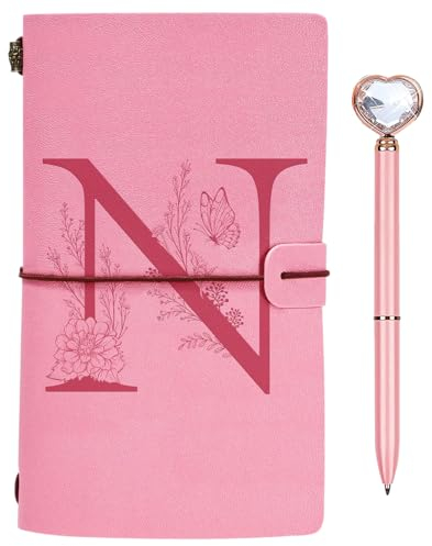 Initialen PU Leder Notizbuch mit Stift, Rosa Nachfüllbar Tagebuch für Frauen Mädchen, Reisetagebuch Skizzenbuch Notebook Geschenk für Freundin Schwestern Lehrer Abschluss Geburtstag Weihnachten N