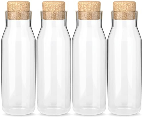 HEFTMAN Glass Carafe Bottles 4 Pack - 1 litre Glass Bottles with Cork Lid, Clear Glass Bottle for Hot & Cold Beverages, Reusable Fabric Softener Jars, Laundry Detergent Storage Bottles with Stoppers