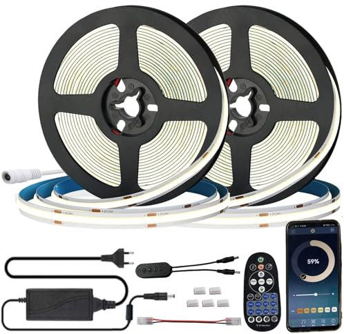 FOLGEMIR 10m (2x 5m) COB LED Streifen Neutralweiß 4000K, Dimmbar 8mm Strip, Bluetooth APP kontrolliert, selbstklebend, Flexibel Lichtleiste mit 12V Netzteil & RF Fernbedienung