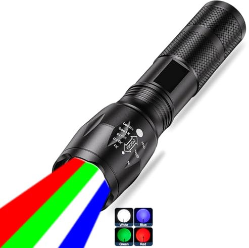 MVIOCS Lampe de poche LED rouge rechargeable, lampe de poche à lumière verte, lampe de poche bleue, multicolore 4 couleurs en 1 LED blanc, rouge, bleu et vert pour le camping, l'extérieur