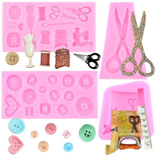 RFGHAC Nähwerkzeuge, Silikonformen, Scheren, Knöpfe, Nähen, Designer-Kleidung, Nähmaschine, Schokoladen-Fondant-Formen zum Dekorieren von Kuchen, Süßigkeiten, Polymer-Ton, Blütenpaste, 4er-Set