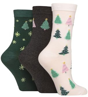 SockShop Wildfeet Ladies Christmas Socks - Cotton, Xmas Patterned Novelty, Gift, Stocking Filler Multipack of 3 Size 4-8