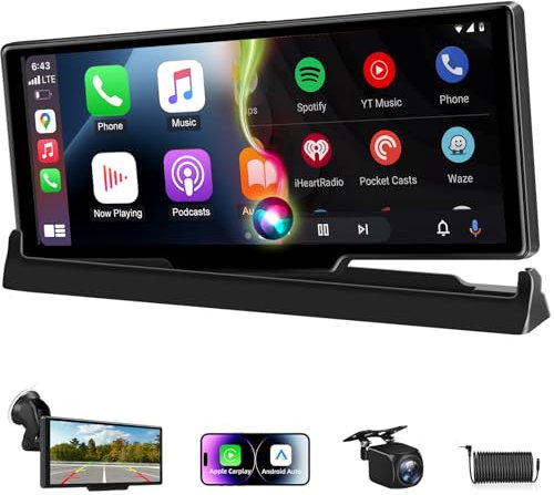 Único Pantalla Carplay Coche Android Auto con Soporte para Mampara de pie, 10,26 Pulgadas Pantalla Táctil Car Play con Cámara de Marcha Atrás Navegación GPS Pantalla Inicial Personalizable