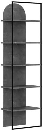 FWStyle Retro Grey Archy Bookcase with Arched Top, Modern Open Display Shelf with Black Metal Frame, Tall Slim Storage Unit for Living Room, Bedroom or Home Office H180cm