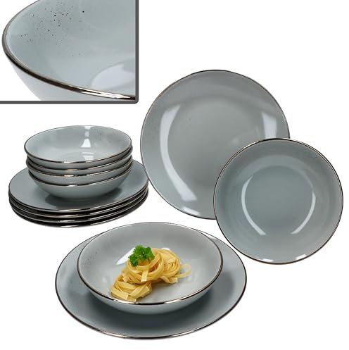 MamboCat Lucca 12tlg Tafelservice I graues Steingut-Geschirr mit Rand in glänzender Metall-Optik für 6 Personen I 6x Suppenteller & 6x Speiseteller für Frühstück, Mittag & Abendbrot