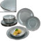MamboCat Lucca Service de table 12 pièces - En faïence grise avec bord aspect métal brillant pour 6 personnes - 6 assiettes creuses et 6 assiettes plates pour le petit-déjeuner, le déjeuner et le