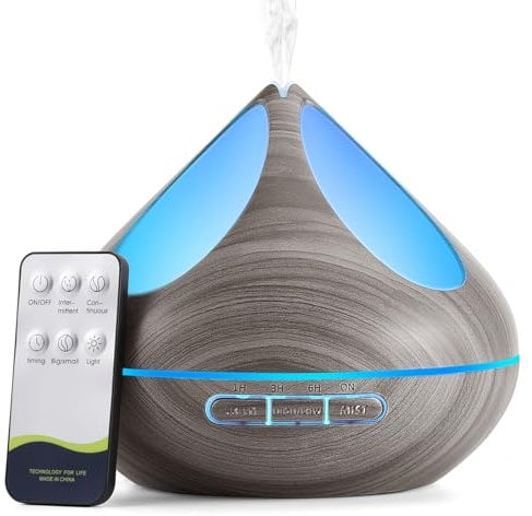 VAAGHANM Aroma Diffuser 500ml mit 8 Ätherischen Ölen: Fernbedienung + 4 Timer, Brauner Luftbefeuchter für Schlafzimmer/Home