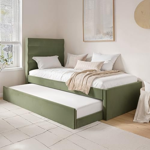 Flair Furnishings - Ari Single Bed with Pull Out Trundle, Luxurious Upholstered Guest Bed, Versatile with Reversible Design, Elegant and Refined (Olive Green Velvet)