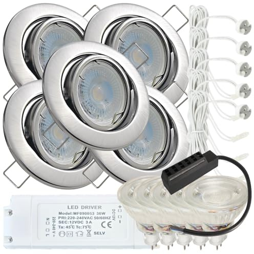 Generisch LED Einbaustrahler 12V schwenkbar – 5er Set mit 120 cm Zuleitung pro Spot, AMP-Stecksystem & Trafo, 3W MR16 Neutralweiß, 55 mm Einbautiefe – ideal für Decken im Wohnbereich, Küche und Flur