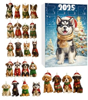Weihnachtskalender für Hunde – Set mit 24-Tage-Anhängern aus Acryl für Welpen, niedlich, festliche 2D-Ornamente für Hunde, Anhänger zum Aufhängen mit Countdown