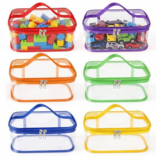 Eulihent Lot de 6 Boîtes Rangement Jouets Sacs en PVC Transparent avec Fermeture Éclair Étiquette et Poignées Pochette Étanche pour Puzzles Blocs Construction Enfants Jouets (6 Couleurs)