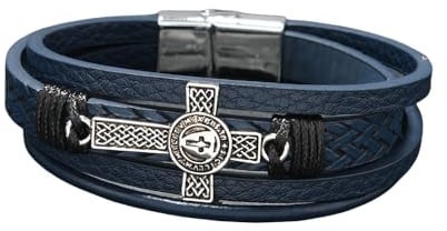 HUIANGLIYG Herren Celtic Cross Lederarmband Mehrschichtiges Geflochtenes Lederarmband mit Magnetischem Verschluss, Vintage Kreuz Religiöses Armband, Wikingerschmuck Freizeitgeschenk für Ihn Marine