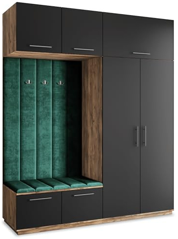 Masseno Flugarderoben Set Rema, Kleiderschrank-Set mit Sitzbank, Garderobenschrank Flur mit 5 Regalböden, Eiche Lefkas/Schwarz